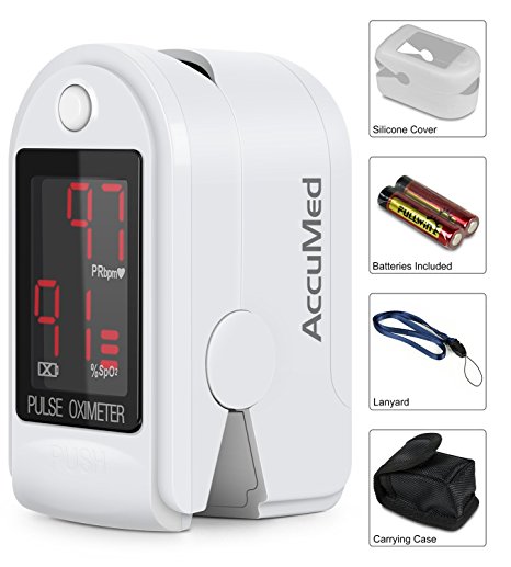 AccuMed CMS-50DL Pulse Oximeter Finger Pulse Blood Oxygen SpO2 Monitor w/ Carrying case, Landyard Silicon Case & Battery