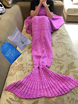 Mofang Family 71x35-Inch Mermaid Tail Quilt Blanket with Washing Bag and Carry Pouch, Pink