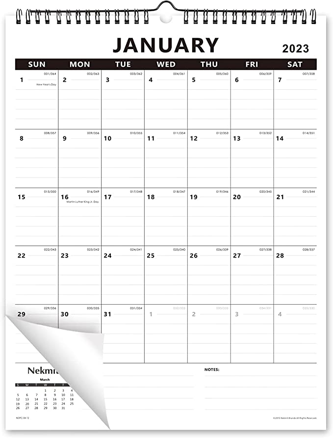Nekmit 2023 Yearly Monthly Wall Calendar, Wirebound Calendar for Home Schooling Plan & Schedule, Ruled Blocks, Runs from Now to Dec 2023, 15 x 12 Inches, Black