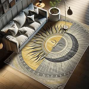 Ambesonne Sun and Moon Decorative Rug, Celestial Esotery Lunar and Solar Characters with Leafy Details Modern, Quality Carpet for Bedroom Dorm and Living Room, 5' 1" X 7' 5", Mustard Purpleblue