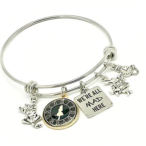 Alice in Wonderland Inspired, We're All Mad Here Bangle Bracelet Cheshire Cat and White Rabbit