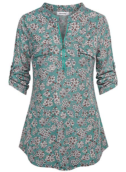 Ninedaily Women's 3/4 Sleeve Roll up Shirts Zip Floral Casual Tunic Blouse Tops