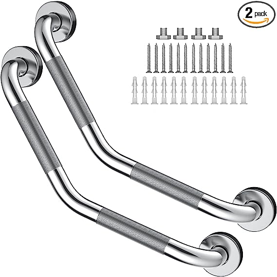 16 Inch Angled Grab Bar 2 Pack, ZUEXT Anti Slip Shower Grab Bar Handles,Chrome Stainless Steel Knurled Bathroom Balance Bar, Safety Hand Rail Support,Handicap Elderly Injury Senior Assist Bath Handle