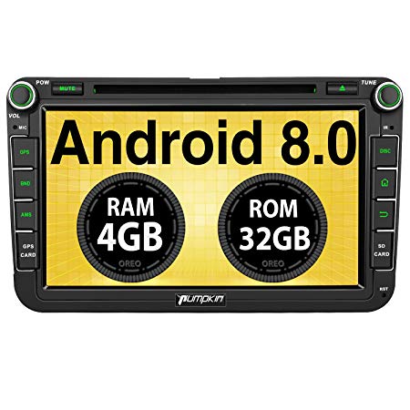 PUMPKIN Android 8.0 Car Stereo Head Unit for VW 4GB RAM Sat Nav Bluetooth Support CD DVD Android Auto DAB  WIFI 128GB USB SD 1S Fastboot 8" Touch Screen