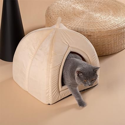 KASENTEX Cat Bed for Indoor Cats, 2-in-1 Cat House Pet Supplies for Large Cat or Small Dog - Animal Cave, Cat Tent with Removable Washable Pillow Cushion (Camel 19x19x19)