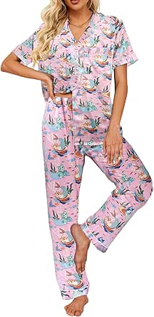 Ekouaer Silk Satin Pajamas Set Women Short Sleeve Sleepwear Soft Button Down Loungewear Pjs Set