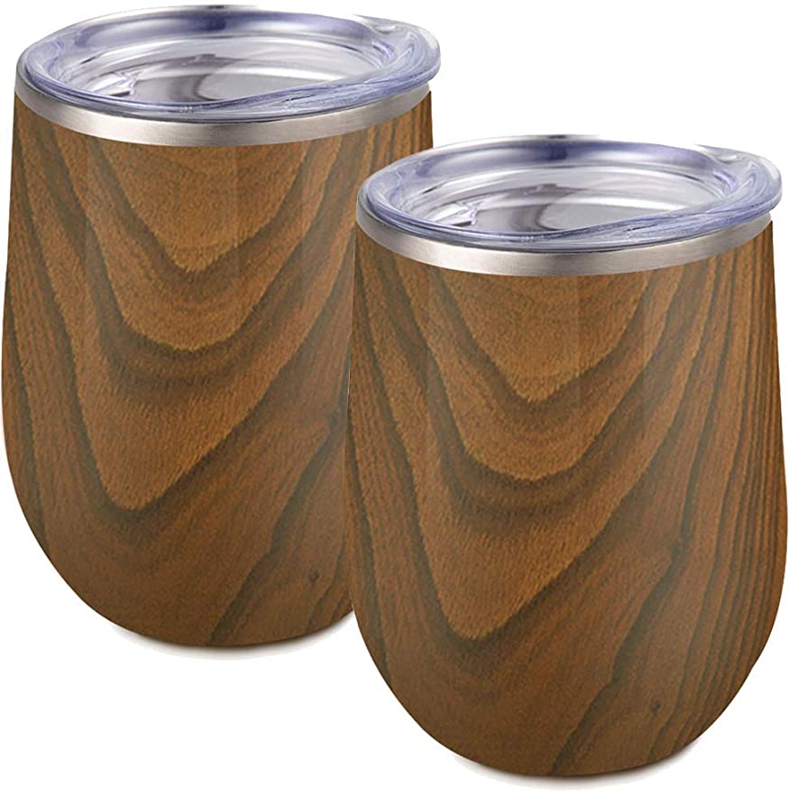Maars Bev Steel Stemless Wine Glass Tumbler, 12 oz | Double Wall Vacuum Insulated | 2 Pack - Wood