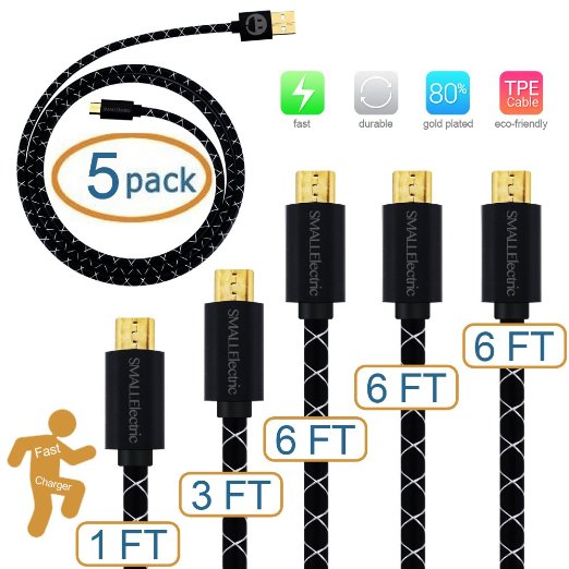 Smallelectric 5-pack Aluminum Alloy High Speed USB 20 a Male to Micro B Sync Charge Cables and Micro USB Cable for Android Samsung Htc Motorola Nokia and More Black