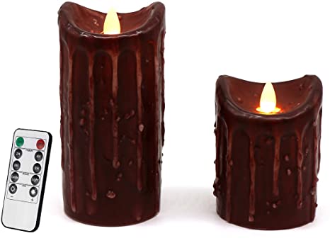 CVHOMEDECO. Real Wax Hand Dipped Battery Operated LED Pillar Candles with Timer and Remote Control, Primitives Rustic Flickering Dancing Flame Lights Décor, H 6 & 4 Inch, Set of 2 (Burgundy)