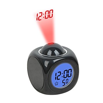 Hippih Projection Alarm Clock with Soft LED nightlight ,Snooze,Battery Backup, Auto Time Set,Sleep Timer,Indoor Time/Temperature/Day/Date Display Digital Bedside clock(BLACK)