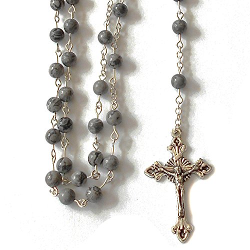 Scenery Jasper Gray Rosary with Five Decade pattern and Miraculous Medal centrepiece in silver tone