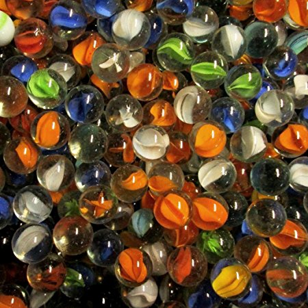 Unique & Custom {5/8" Inch} 1 Pound Set Of Approx 82 “Round” Clear Marbles Made of Glass for Filling Vases, Games & Decor w/ Cat's Eye Variety Design [Orange, Green, Blue, White & Yellow Colors]