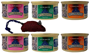 Blue Buffalo Wilderness Grain Free High Protein Cat Food 3 Flavor 6 Can Sampler with Toy Bundle, (2) Each: Salmon, Duck, Turkey (3 Ounces)