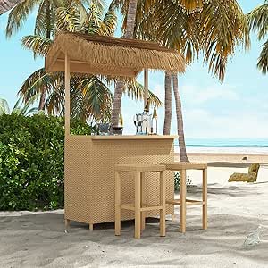 Grand patio Outdoor Tiki Bar Set, Phuket 3-Piece Wicker Islander Tiki Bar and 2 Stools with Ceramic Top & Storage for Garden, Natural