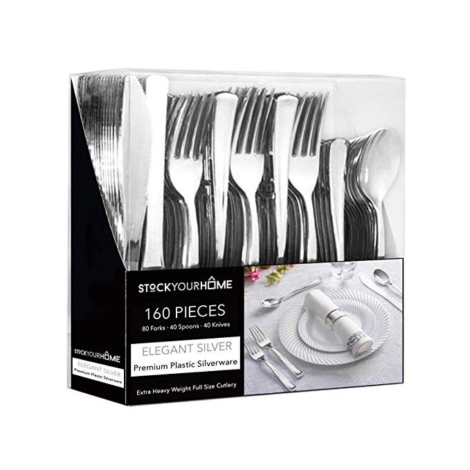 Stock Your Home Silver Plastic Cutlery Set 160 Pack Disposable Silverware Heavy Duty Plastic 80 Forks, 40 Knives and 40 Spoons for Catering Events, Parties, Dinners, Weddings, Receptions and Everyday