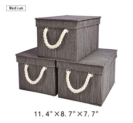 StorageWorks Storage Bin with Lid, Foldable Basket Organizer With Strong Cotton Rope Handle By, Taupe, Bamboo Style, Medium, 11.4x8.7x7.7 inches, 3-Pack