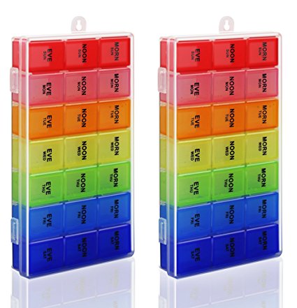 Rainbow Weekly Pill Organizer with Snap Lids| 7-day AM/PM | Detachable Compartments for Pills, Vitamin. (Rainbow 2pcs)