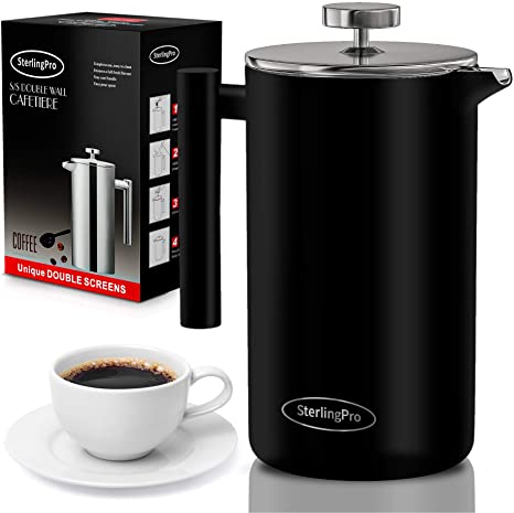 SterlingPro French Press Coffee Maker-Double Walled Large Coffee Press with 2 Free Filters- Granule-Free Coffee, Stylish Rust Free Kitchen Accessory-Stainless Steel French Press (2L, Black)