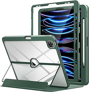 MoKo Case for iPad Pro 12.9 6th/5th/4th/3rd Generation 2022/2021/2020/2018 with Pencil Holder, iPad Pro 12.9 Case with Screen Protector Clear Back, Multi Angle Stand, Auto Wake/Sleep, Midnight Green