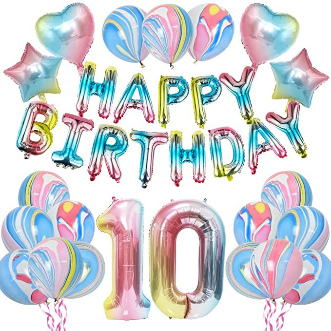 KUNGYO Rainbow 10th Birthday Party Decorations - Girls Birthday Party Supplies Include HAPPY BIRTHDAY Balloon Banner, Giant Number 10 Foil Balloon, Rainbow Star and Heart Balloon, Latex Balloons 28PCS