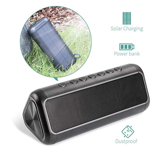 Solar Bluetooth Speaker with 5000mAh Power Bank, Elzle Portable Wireless Bluetooth 4.2 Speaker with 50  Hours Playtime 12W Stereo Subwoofer Bass, IPX6 Waterproof for Outdoor and Indoor Activities