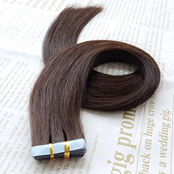 SHOWJARLLY Seamless Remy Tape in Hair Extensions Real Human Hair 18inch Straight #2 Dark Brown Tape on Skin Weft Hair Extensions (40g,20Pcs)