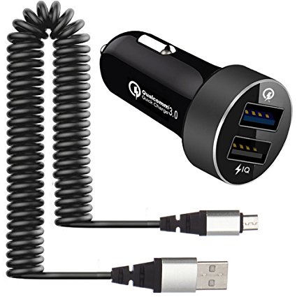 InfoTechnica Quick Charge 3.0 Dual USB Port Car Charger with Expandable 2 Meters Long coiled Micro-USB Cable (Black)