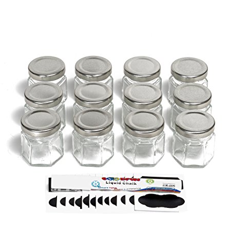 Hexagon Glass Jars by Nellam - 6oz, 24 Pack. Includes 48 Chalk Sticker Labels and 2x Chalk Pen. DIY Jars for Canning, Party Favors, Jams, Sauces, Herbs, Spices. (Silver Lid - 24 Pcs)