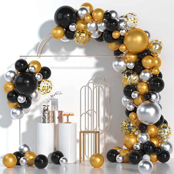 Black Gold Silver Balloon Garland Kit 102pcs Black and Metallic Gold Chrome Silver Balloons Golden Confetti Balloon Arch Strip Set for Birthday Graduation New Year Party Decorations