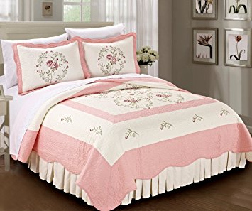Serenta Classic Embroidery Prewashed Roses Microfiber Cotton Filled Bedspread/Quilt Blanket 3 Piece Bed Set, King, Light Pink
