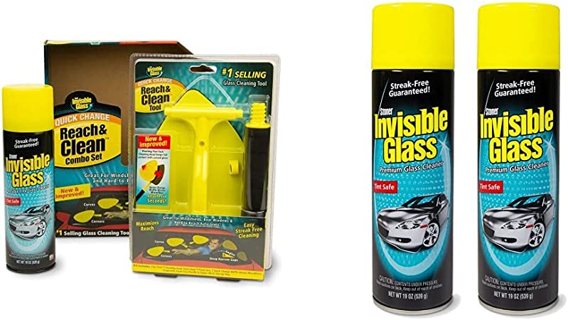 Invisible Glass 99031 Reach and Clean Tool Combo Kit with Windshield Wand Cleaning Tool, Yellow & 91164-2PK 19-Ounce Cleaner for a Streak-Free Shine, Deep Cleaning Foaming Action, Pack of 2