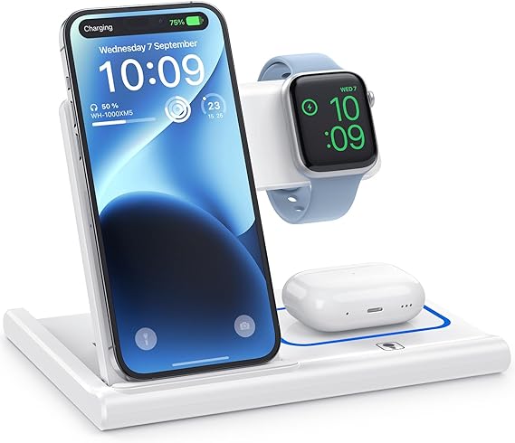 Wireless Charging Station, 3 in 1 Charging Station for Apple Devices, Wireless Charger for iPhone 15 14 13 12 11 Pro & Max Series, AirPods Pro/3/2, Apple Watch (Adapter Included) (White)