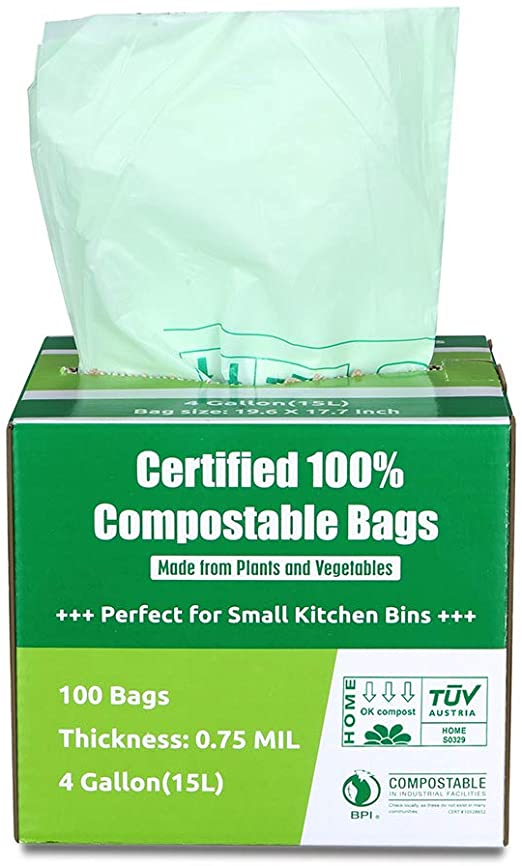 Primode 100% Compostable Bags, 4 Gallon (15L) Food Scraps Yard Waste Bags, Extra Thick 0.75 Mil. ASTM D6400 Compost Bags Small Kitchen Trash Bags, 100 Count Certified by BPI & TUV EU