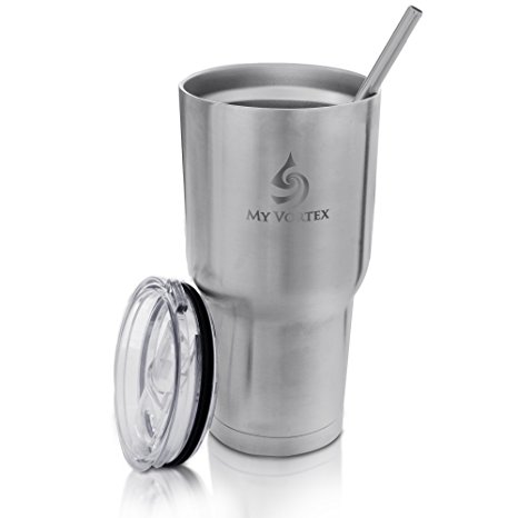 Travel Tumbler 30 Oz by My Vortex. Stainless Steel Vacuum-Insulated with Spill-Proof Lid and Straw. Keeps Coffee HOT and Iced Tea COLD!