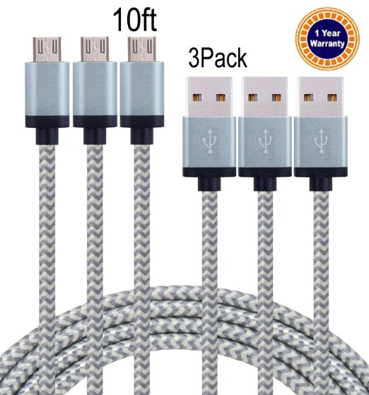 Jricoo 3pack 10ft Micro USB to USB Cable 2.0 10ft Nylon Braided Extremely Long USB Charging Cable for Android, Samsung Galaxy, HTC, Nokia, Huawei, Sony and Other Tablet Smartphone (gray)