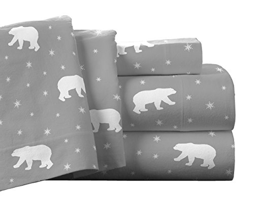 Pointehaven Flannel Deep Pocket Sheet Set with Oversized Flat Sheet, California King, Polar Bear