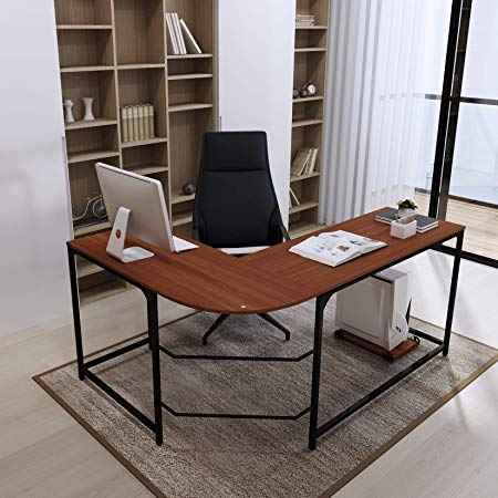 Teraves L-Shaped Reversible Gaming Computer Desk Modern Corner Desk Office Home Study Wood Table, Large, Teak