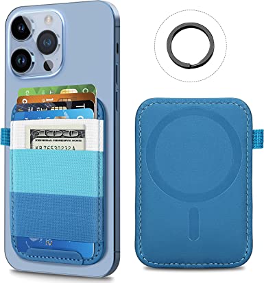 Magnetic Card Wallet Holder for Apple MagSafe, MagSafe Wallet for iPhone 14/13/12, MagSafe Leather Card Holder for Back of iPhone14 /13/12 Series, Mag-Safe Elastic Wallet Fits 8 Cards & Cash, Blue