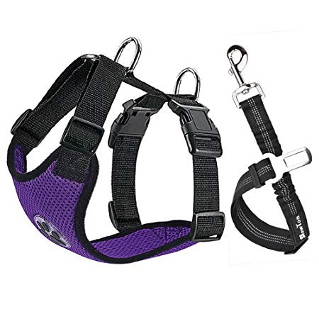 Slowton Dog Car Harness Plus Connector Strap, Multifunction Adjustable Vest Harness Double Breathable Mesh Fabric with Car Vehicle Safety Seat Belt