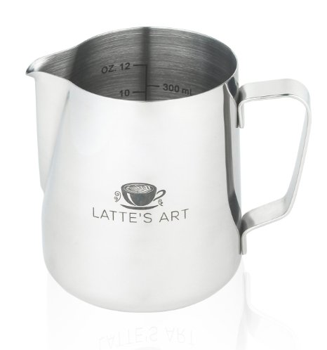 Lattes Art Stainless Steel 12 Ounce Frothing Pitcher Great to Couple with Your Espresso Machine or Milk Frother Bonus Drawstring Bag Steam and Froth Milk for Perfect Lattes and Cappuccinos While Enjoying Precise Pouring and a Comfortable Handle