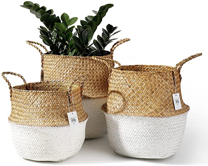 POTEY 730201 Seagrass Plant Basket Set of 3 - Hand Woven Belly Basket with Handles, Large Storage Laundry Picnic Plant Pot Cover Home Decor & Woven Straw Beach Bag (S M L, Original White)