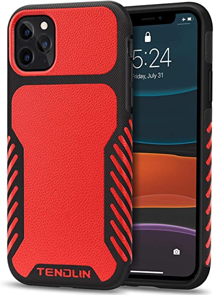TENDLIN Compatible with iPhone 11 Pro Max Case Leather Texture TPU Hybrid Grip Case (Red)