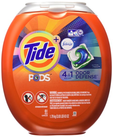 Tide Pods Plus Febreze Odor Defense Laundry Detergent Pacs, Active Fresh Scent, 61 Count