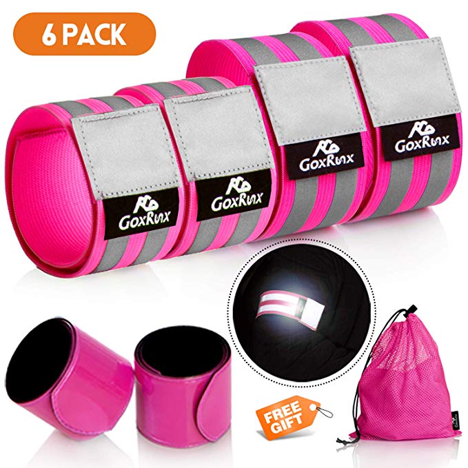 GoxRunx Reflective Bands Running Gear 6 Pack -Adjustable Reflective Armband Arm Wrist Ankle Leg Bands Reflectors -Reflective Tape Straps for Clothing Night Running Cycling Walking -Slap Bracelets
