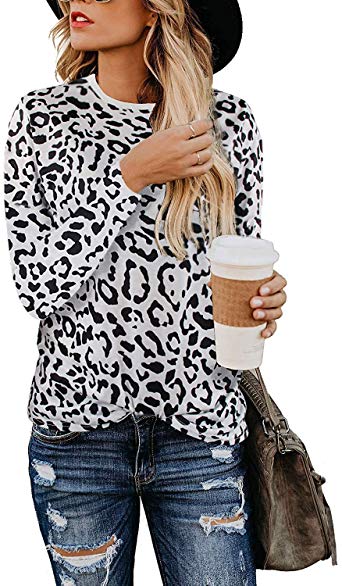 NSQTBA Womens Casual Long Sleeve Cute Shirts Leopard Print Tops Fashion Basic Tees S-2XL