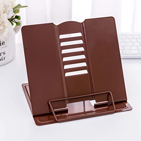 PUNCIA PUNCIA Metal Wishacc Adjustable Book Holder Stand Tray and Page Paper Clips-Cookbook Reading Desk Portable Sturdy Lightweight Bookstands-Music Books Textbooks Tablet Cook Recipe (Brown)