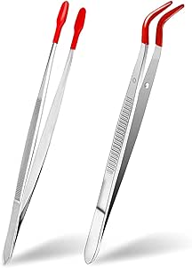 Craft Tweezers with Rubber Tips, 2 Pcs Metal Sticker Tweezers with Soft PVC Coated Curved Angled Tweezers Anti-Static Non-slip Industrial Clip Tong Tools for Lab Jewelry Making DIY Crafting Stamp Coin