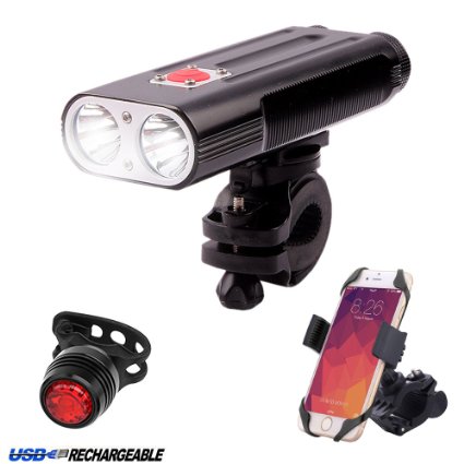 NewRice® 1200 Lumens Bike Headlight &Taillight Combinations. 2x Cree T6 LED Bicycle Lamp / Flashlight, aluminum alloy shell, waterproof IPX6(Headlight   USB charging Tailligh   Bike Phone Holder)