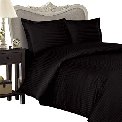 SEVEN (7) Piece EASTERN KING Size Set, BLACK Damask Stripe, 1200 Thread Count / 1200TC SATEEN WEAVE Long Staple 100-Percent Ultra Soft Egyptian Cotton. Set Packaged as 4pc BED SHEET SET & 3pc DUVET BED SET including Two (2) Shams & TWO (2) Pillow Cases