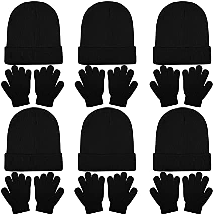 Cooraby 6 Pack Beanies Hats and 6 Pairs Stretchy Full Fingers Gloves for Boys Girls